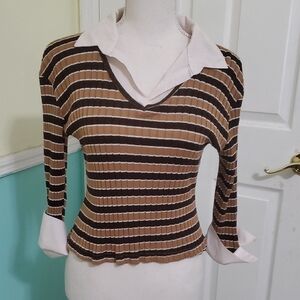 Marla Kim Retro Y2K Brown & Tan Striped Ribbed Knit White Collar/Cuffs Top M